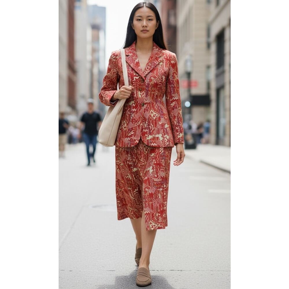 Vintage Patty Woodard California Blazer Skirt Set Red Tapestry Jacquard Size 10